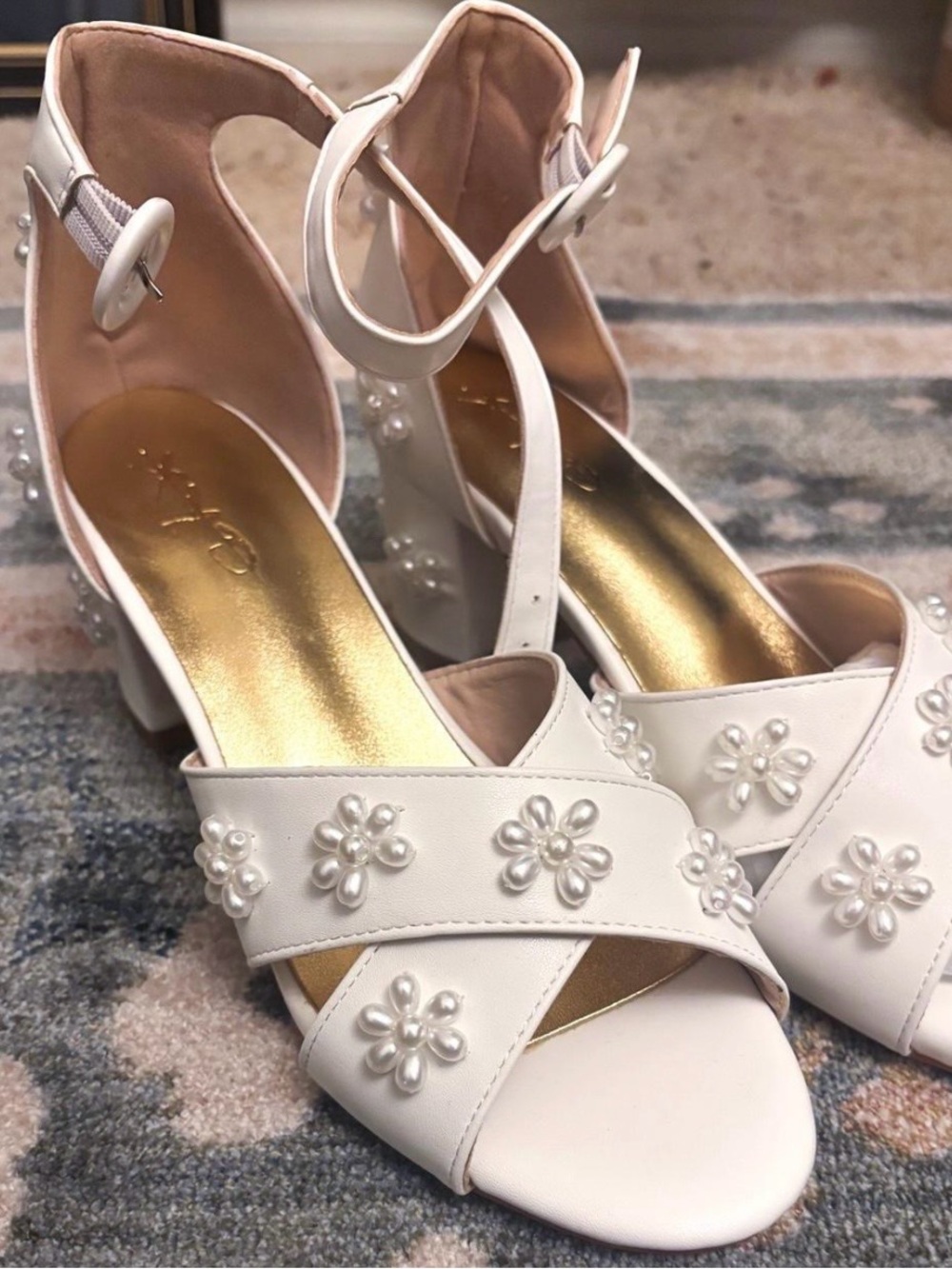 Pearl-Embellished Flower Floral White Block Heel Bridal Heels Wedding Heels